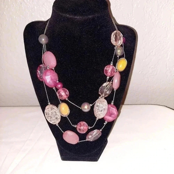 Signed NY Multi Level Necklace Silver Chain Clear Pink Tan Gray Beads - Picture 1 of 3